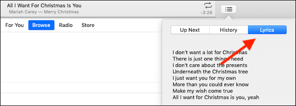 Пример текста песни, отображаемого в окне проигрывателя на Mac