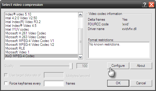 Окно выбора кодека XviD в VirtualDub