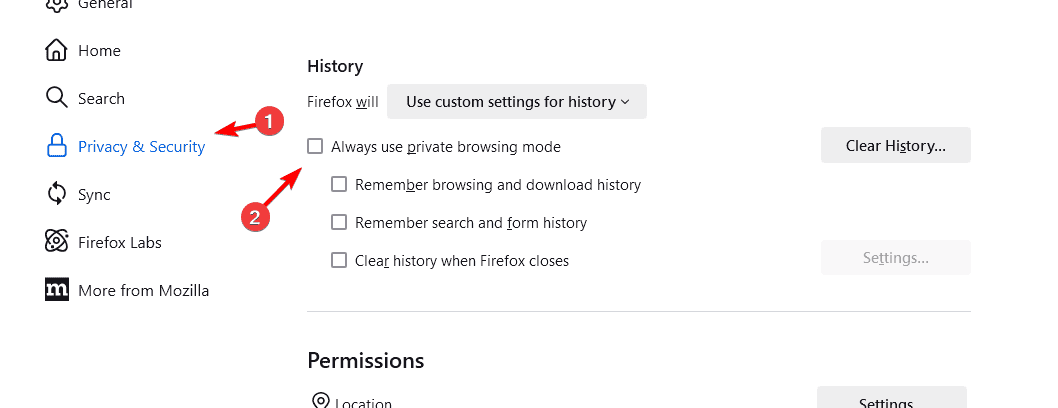 Параметры истории в Firefox — включена опция 'Всегда использовать приватный режим'