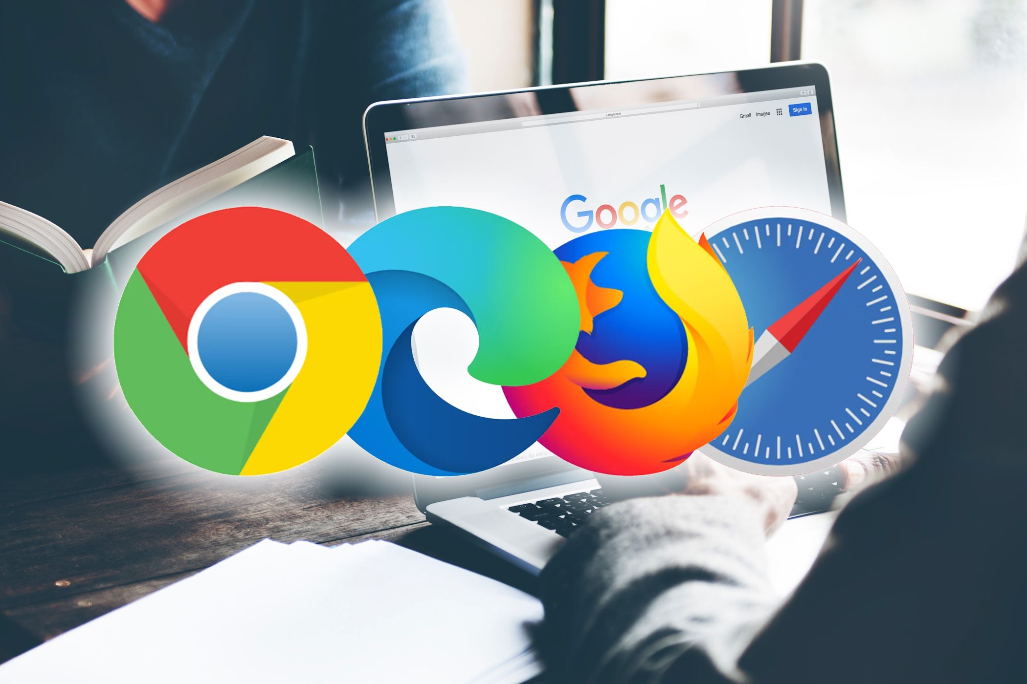 Логотипы Chrome, Edge, Firefox и Safari на фоне ноутбука
