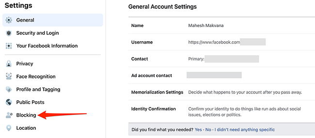 Выберите «Блокировка» на странице общих настроек аккаунта Facebook.