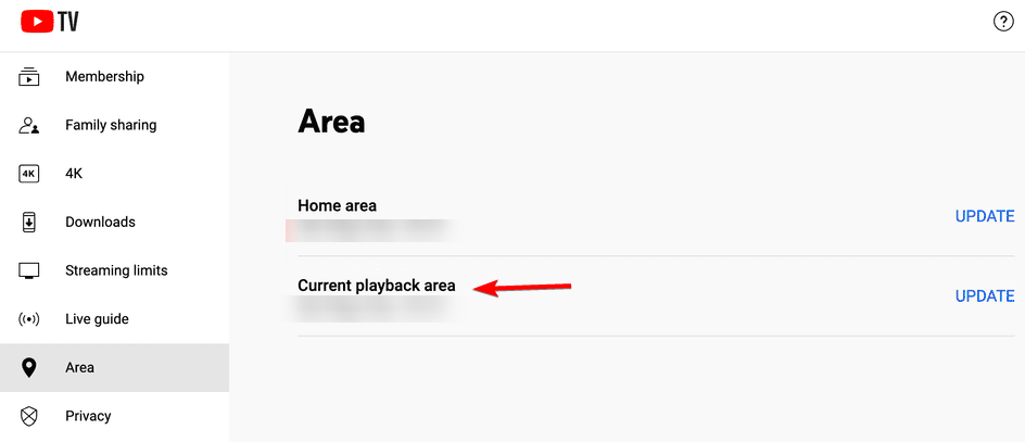 Скриншот раздела местоположения в YouTube TV на телевизоре