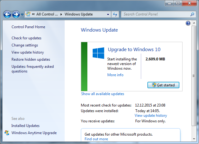 Окно панели Windows Update с опцией обновления до Windows 10