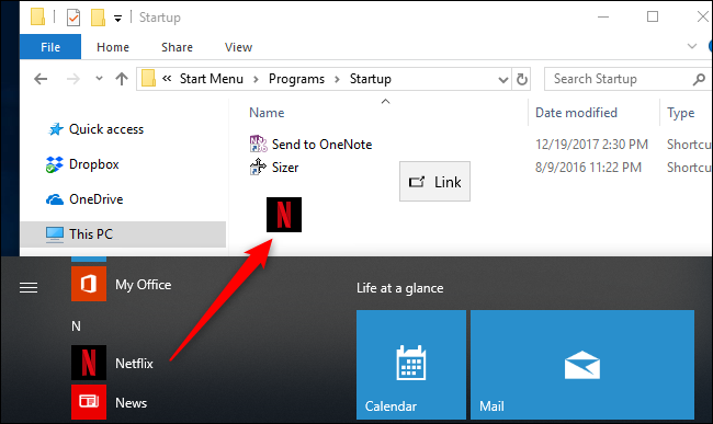 Перетаскивание приложения из меню Пуск в папку Автозагрузка