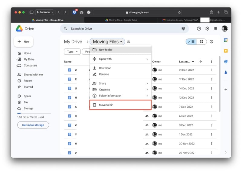 удаление общей папки из аккаунта-отправителя