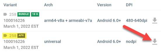 Выберите вариант сборки и скачайте файл APK