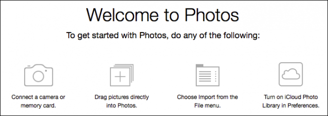 Пустая новая библиотека Photos с подсказками по добавлению фото