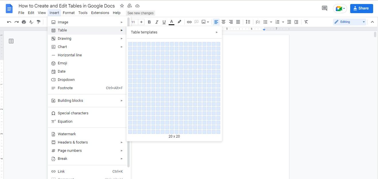 Сетка 20×20 для выбора размера таблицы в Google Docs