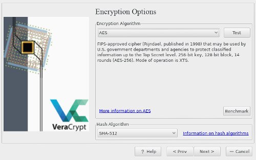 Выбор алгоритмов шифрования в VeraCrypt