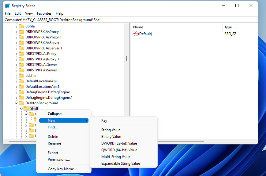 Параметр 'Key' в меню Создать ключ