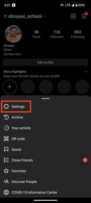 Paramètres du profil Instagram
