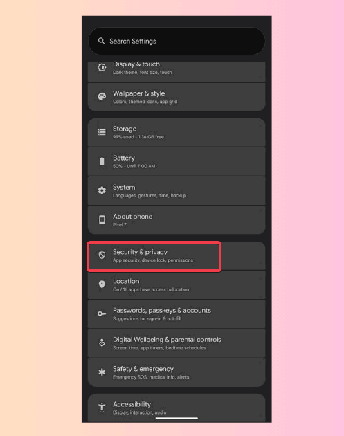 Настройки — Конфиденциальность и безопасность в Android 16