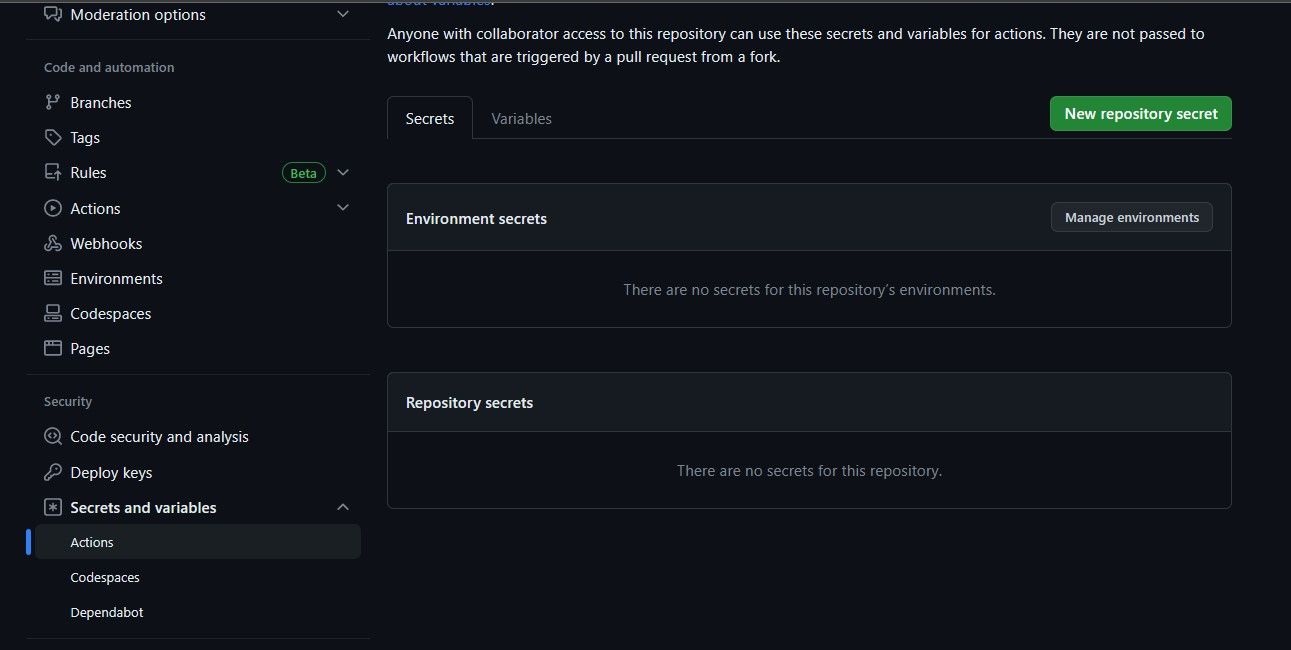 Страница секретов GitHub Actions