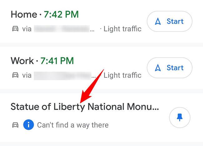 Просмотр закреплённых маршрутов в Google Maps.