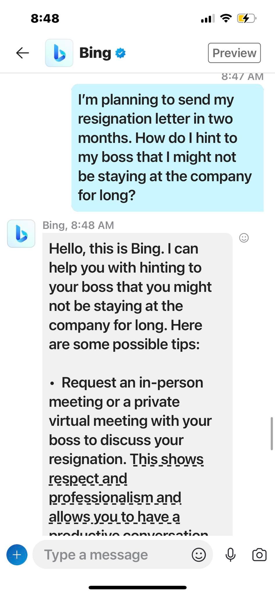 Asking Bing Chat for Help About Resignation