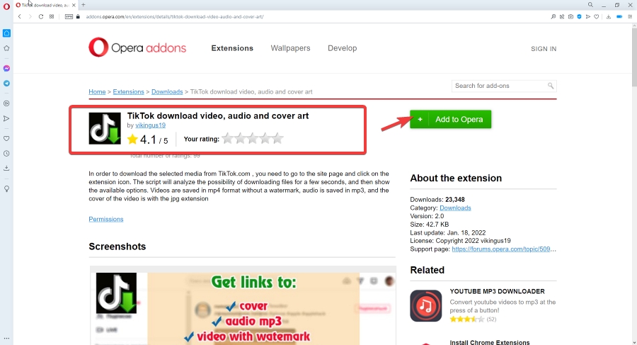 Кнопка расширения для скачивания TikTok в панели браузера