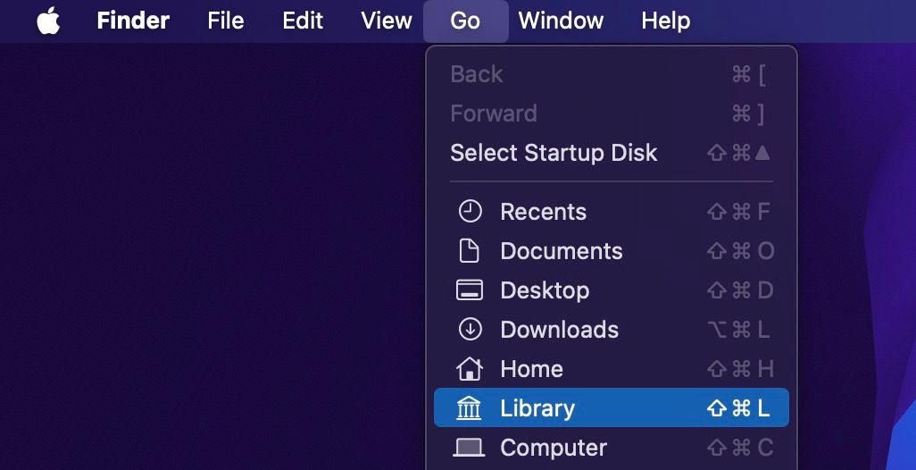 Опция Library выделена в меню Перейти macOS