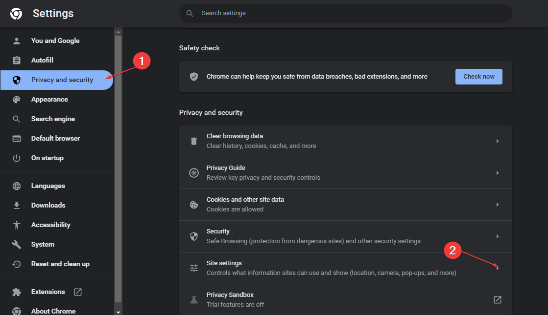 Настройки сайтов в Google Chrome — раздел 'Конфиденциальность и безопасность'