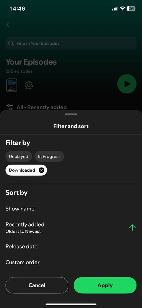 spotify filter podcast page