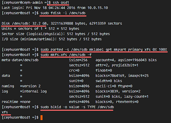Форматирование /dev/sdb в XFS на всех узлах