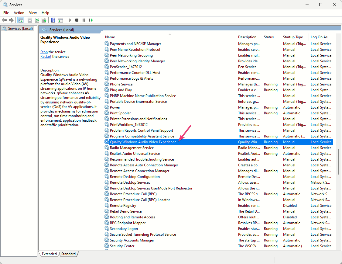 Служба Quality Windows Audio Video Experience в списке служб