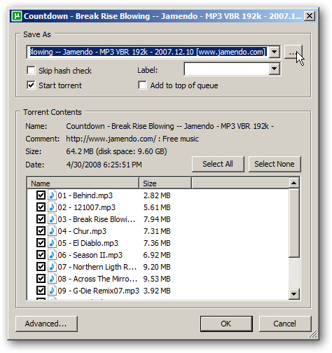 Saving the torrent in uTorrent