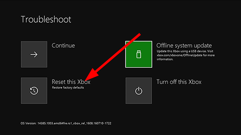 Опция «Сбросить этот Xbox» на экране