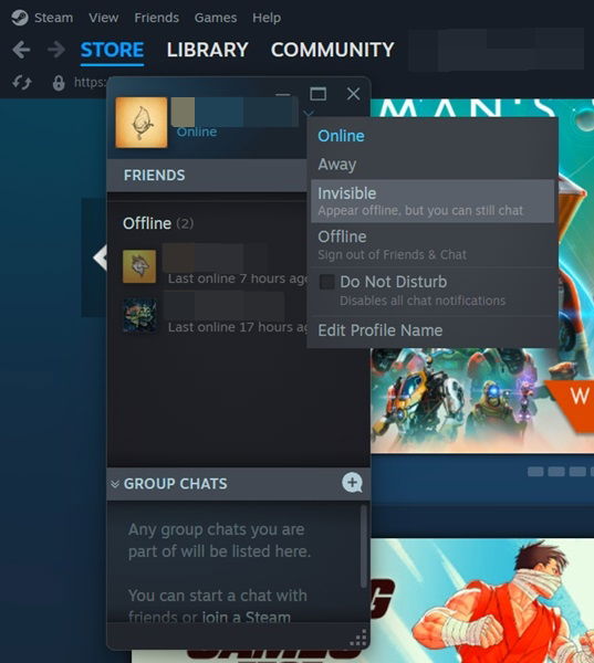 Переключение статуса пользователя на «Невидимый» в клиенте Steam