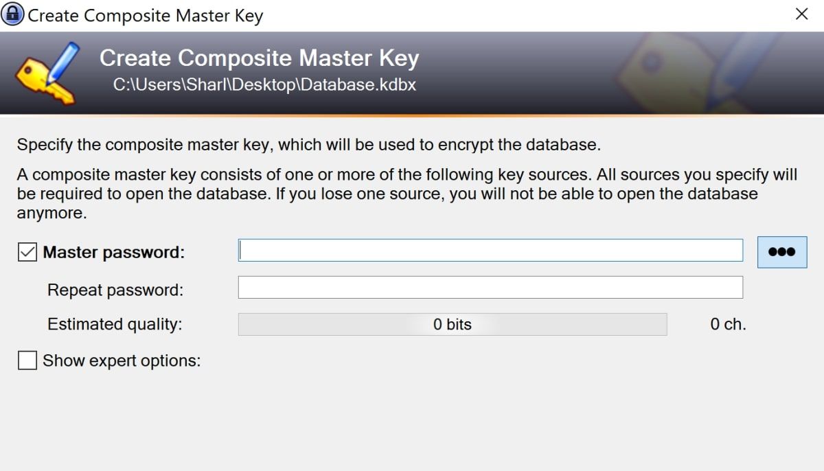 Окно создания мастер-пароля в KeePass