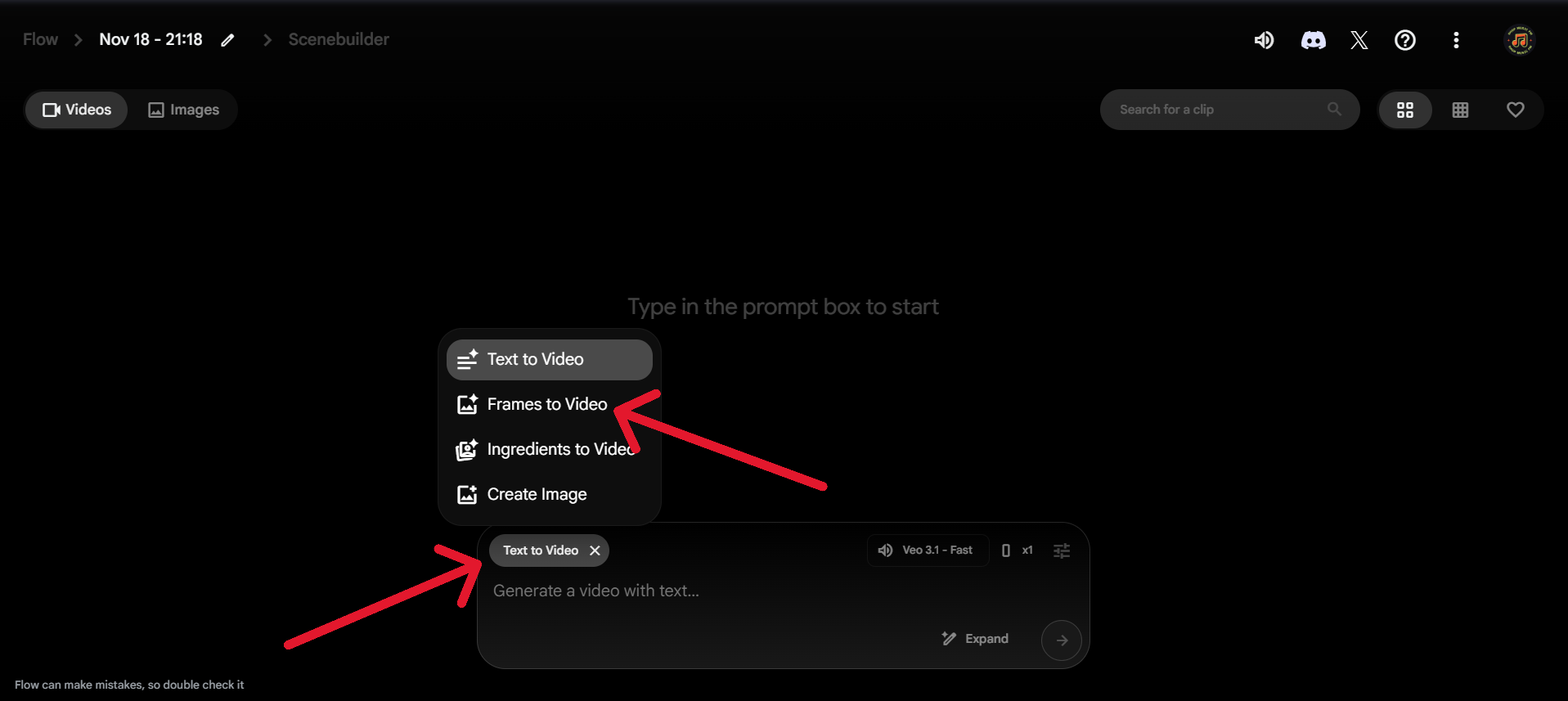 Выбор Frames to Video в Google Flow