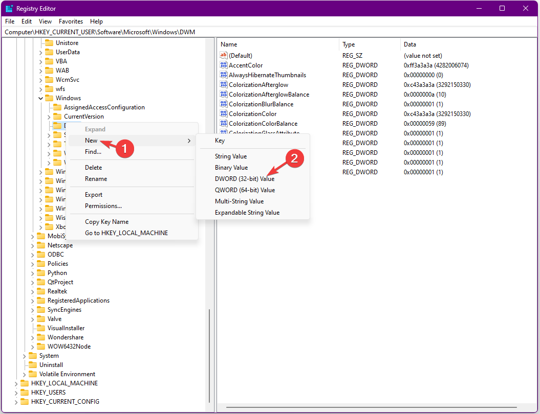 Создание DWORD в разделе DWM