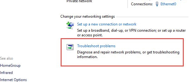 Кнопка устранения неполадок в Центре управления сетями
