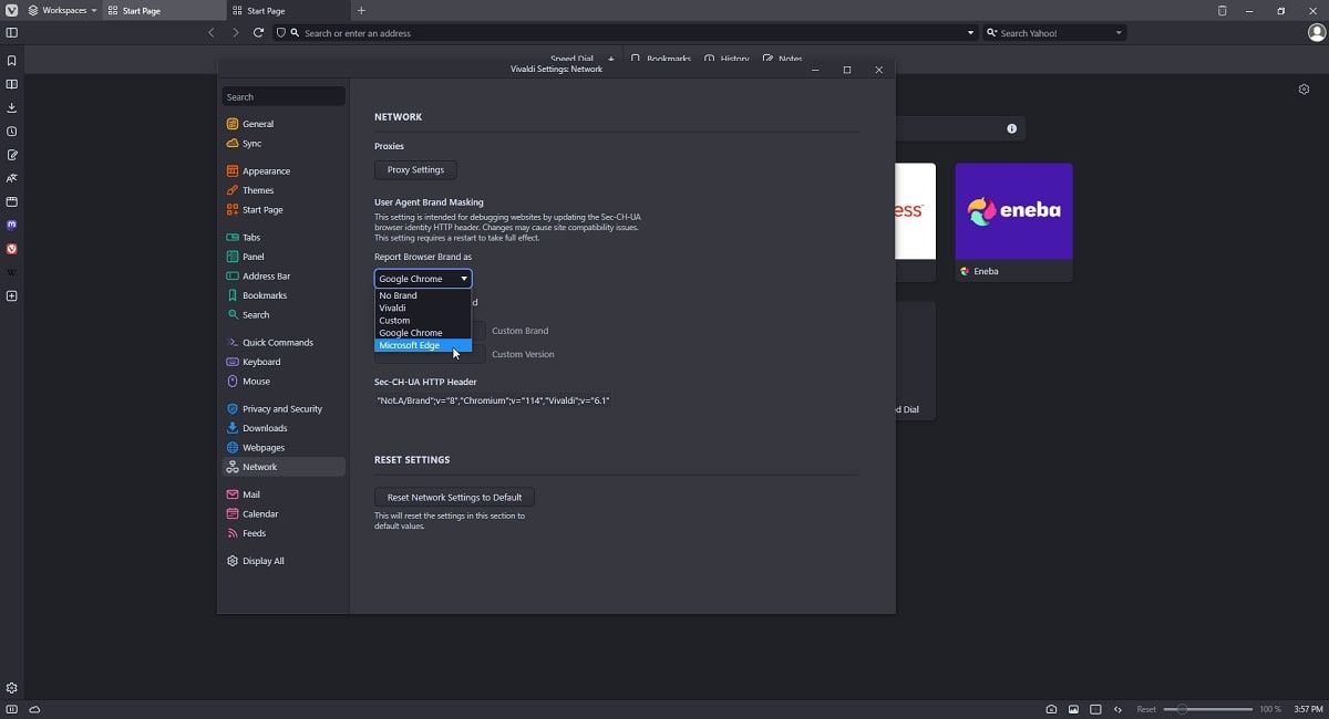 настройки User-Agent в Vivaldi