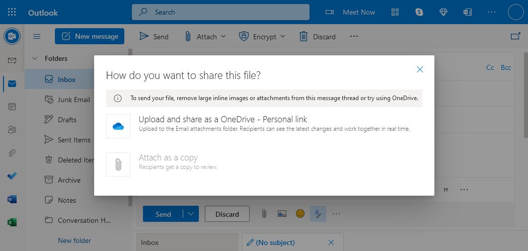 Подсказка Outlook о загрузке в OneDrive