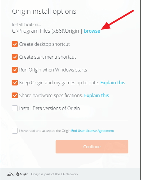Интерфейс выбора папки установки Origin при ошибке 6.0