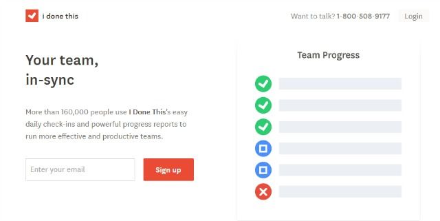 Интерфейс iDoneThis с ежедневными отчётами команды