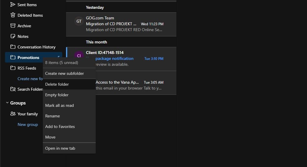 Удаление папки в Outlook в браузере