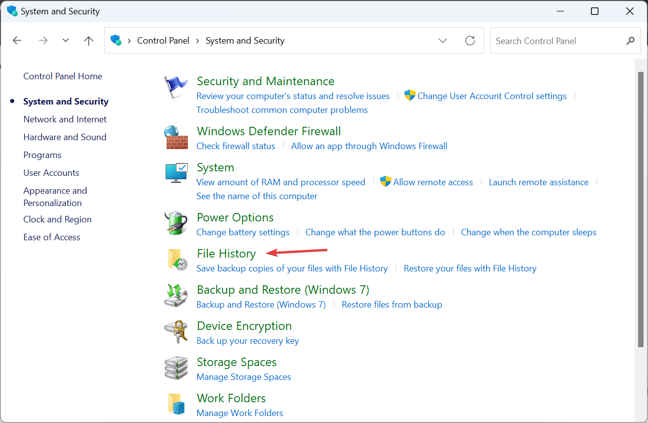 Параметр «История файлов» в Панели управления