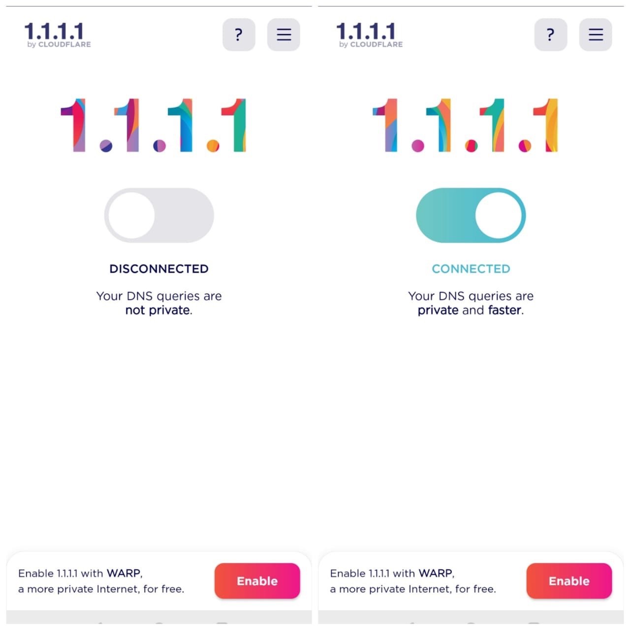 Включение DNS 1.1.1.1 в приложении Cloudflare на iOS
