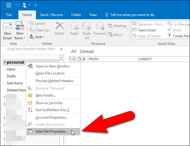 Выбор свойства файла данных Outlook