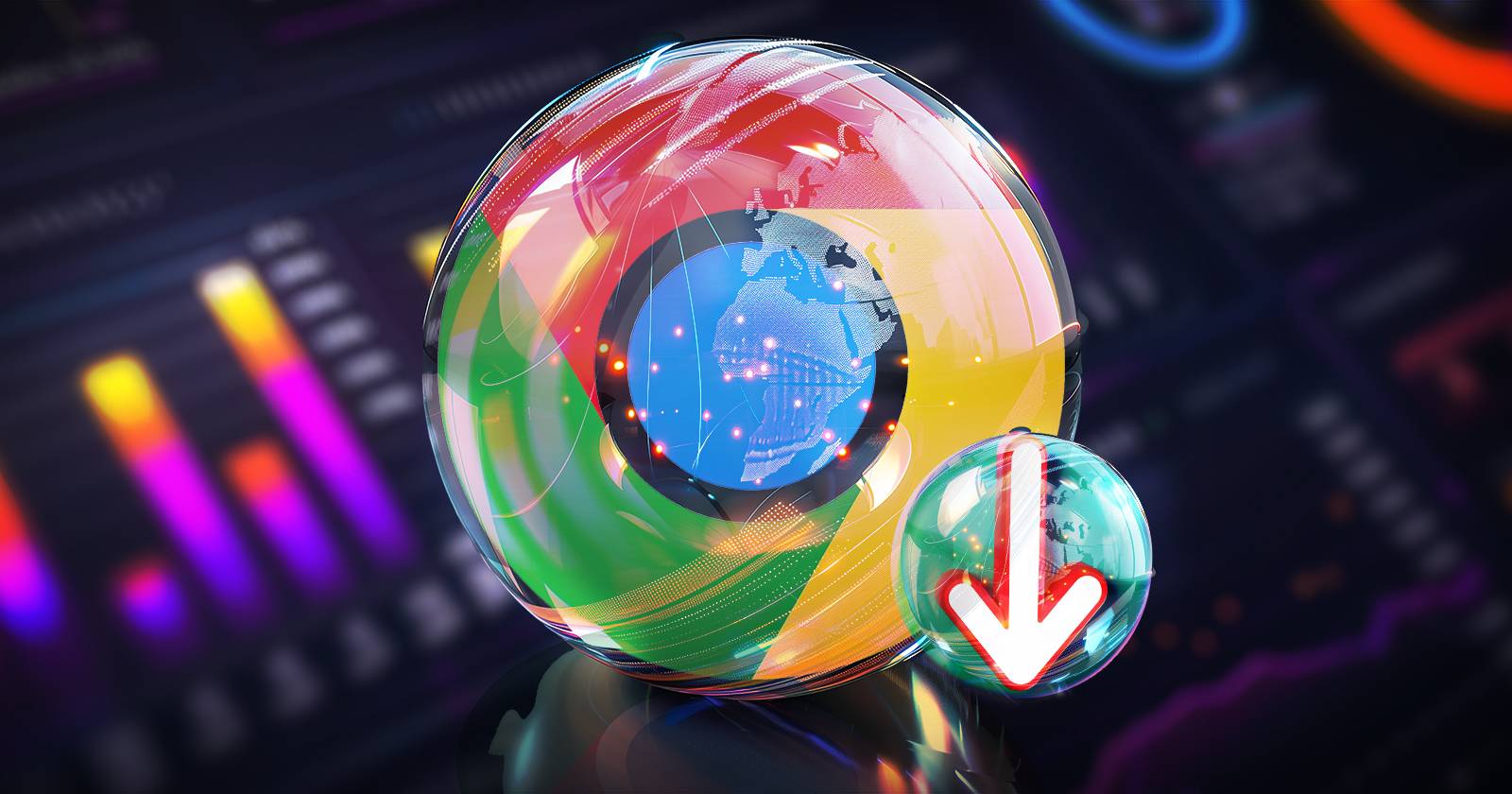 Яркий прозрачный логотип Google над неоновым микшером аудиодорожки