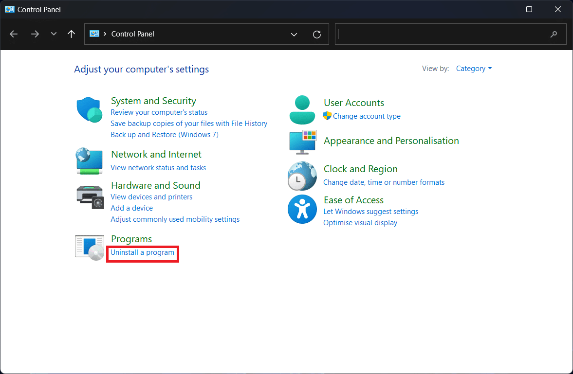 Opção Desinstalar um Programa no Painel de Controle