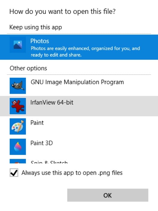Выбор приложения для открытия файла в Windows 10