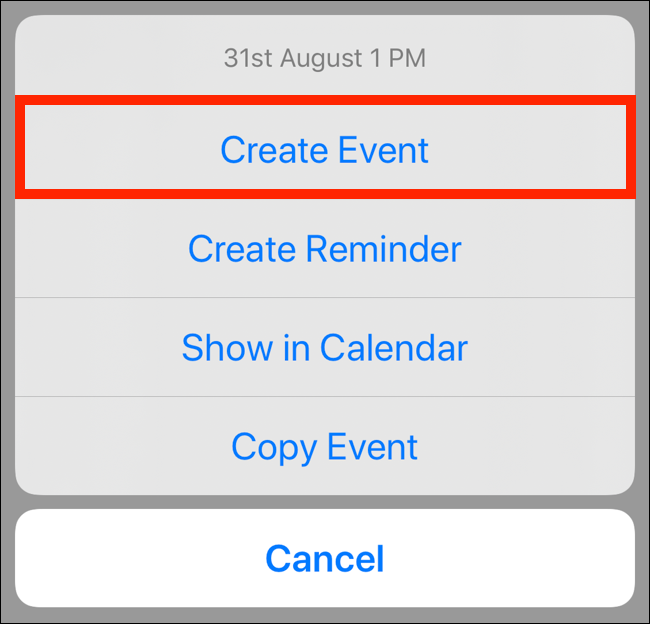 Tap on Create Event from popup menu in Mail app