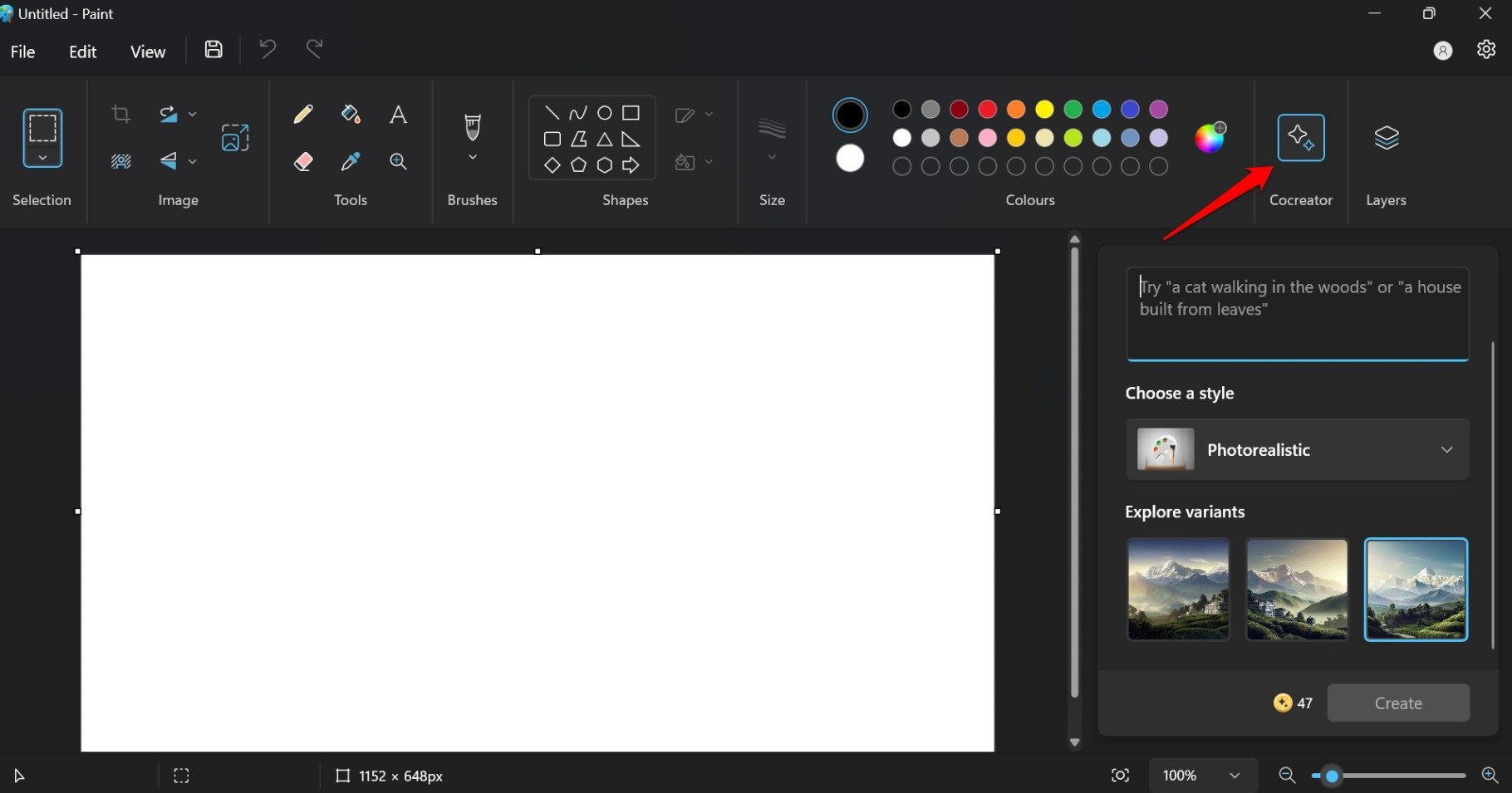 Кнопка Cocreator в панели MS Paint