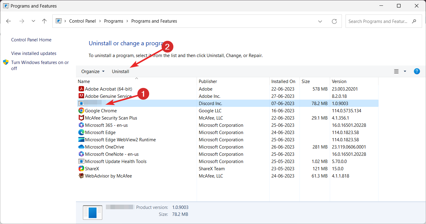 Список установленных программ в Панели управления