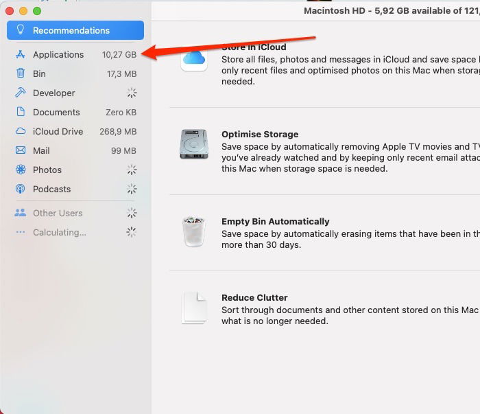 Список приложений в управлении хранилищем