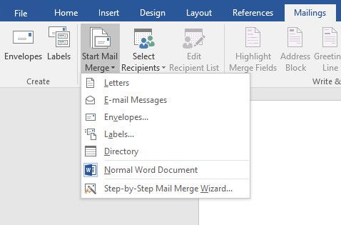 Меню начала слияния почты в Word