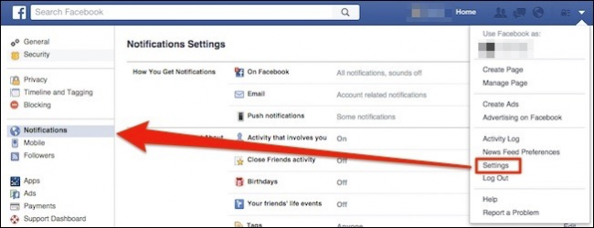 Настройки уведомлений Facebook в веб-интерфейсе