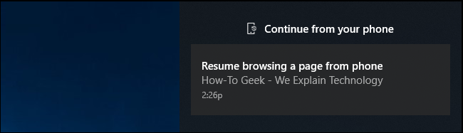 Уведомление Continue on PC в Центре уведомлений Windows
